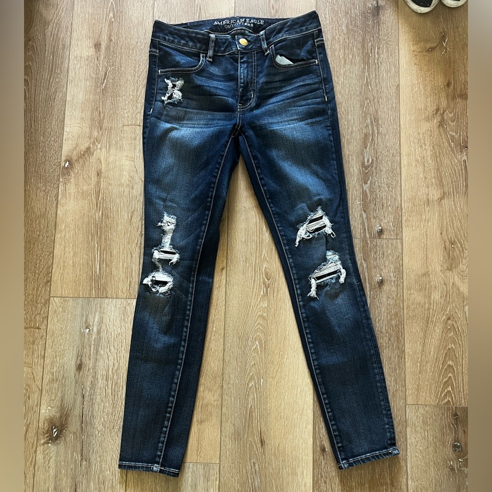American Eagle Outfitters Blue Skinny Jeans with Distressed Details